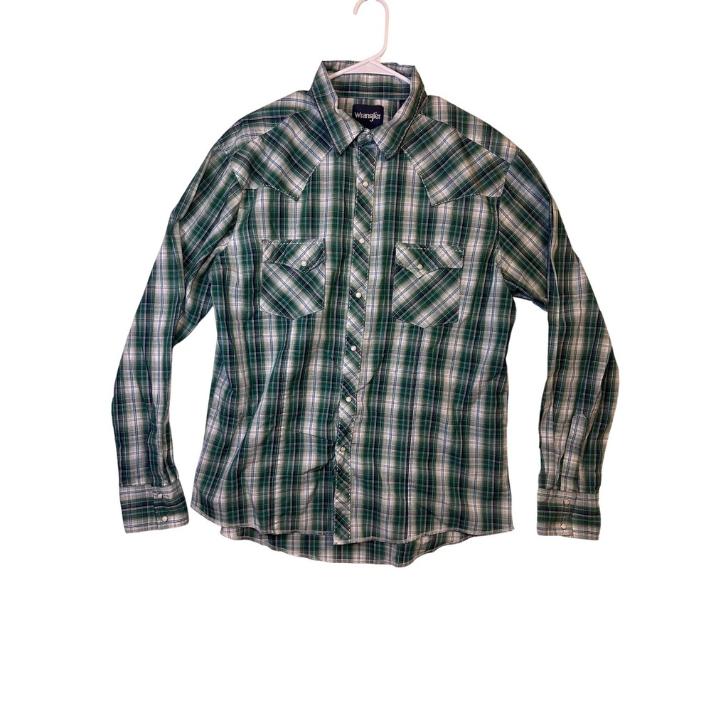 Wrangler Plaid Pearl Snap Long Sleeve Western Shirt Men's XL Green Blue White